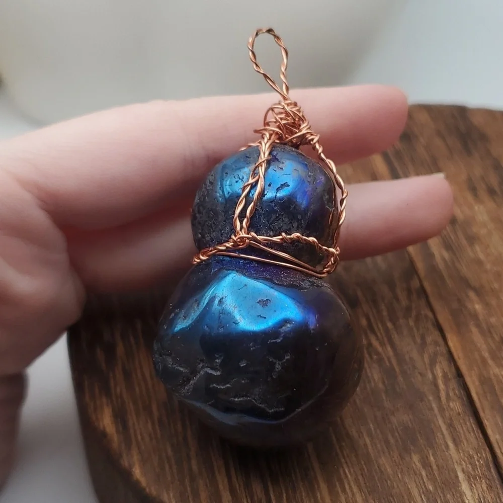 Titanium obsidian wire wrapped heavy double‎ tier pendant rare find!